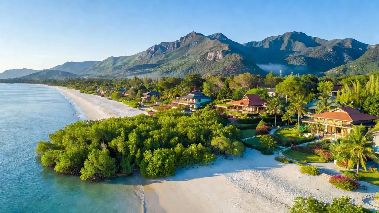 Khung cảnh huyện Xuyên Mộc, Bà Rịa - Vũng Tàu với biển xanh và rừng ngập mặn tươi tốt.
