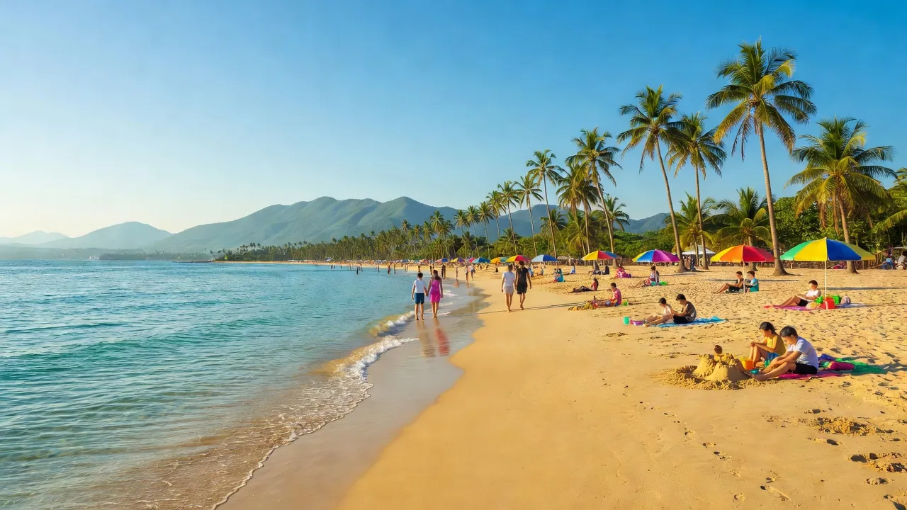 Bãi biển Bà Rịa - Vũng Tàu, cát vàng, biển xanh, cây dừa trong ánh nắng, thu hút du khách.