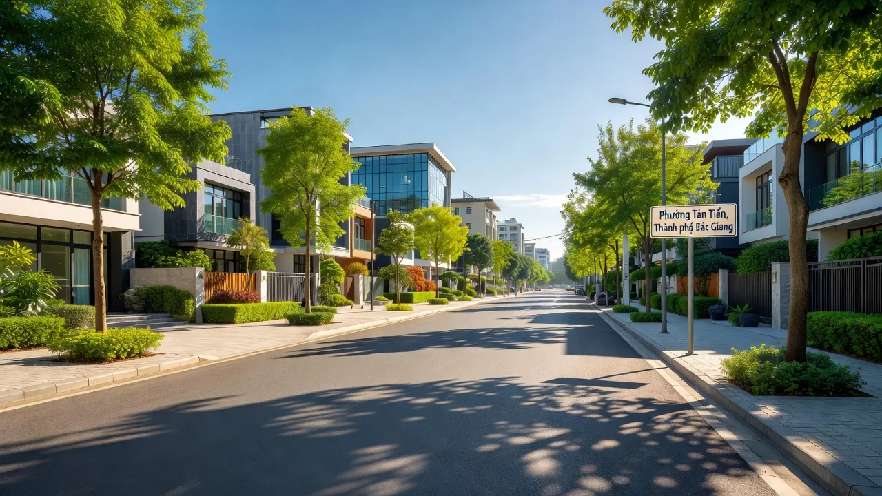 Khung cảnh Phường Tân Tiến, Bắc Giang với đường phố hiện đại và cây xanh, thể hiện quá trình đô thị hóa.