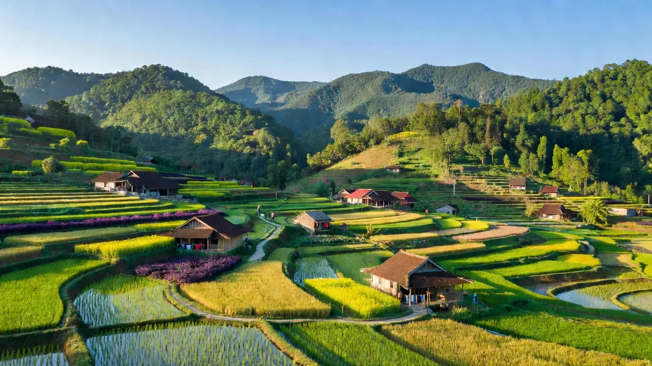 Cảnh đẹp Thị xã Chũ, Bắc Giang với núi rừng xanh tươi, đồng ruộng và bầu trời trong xanh.