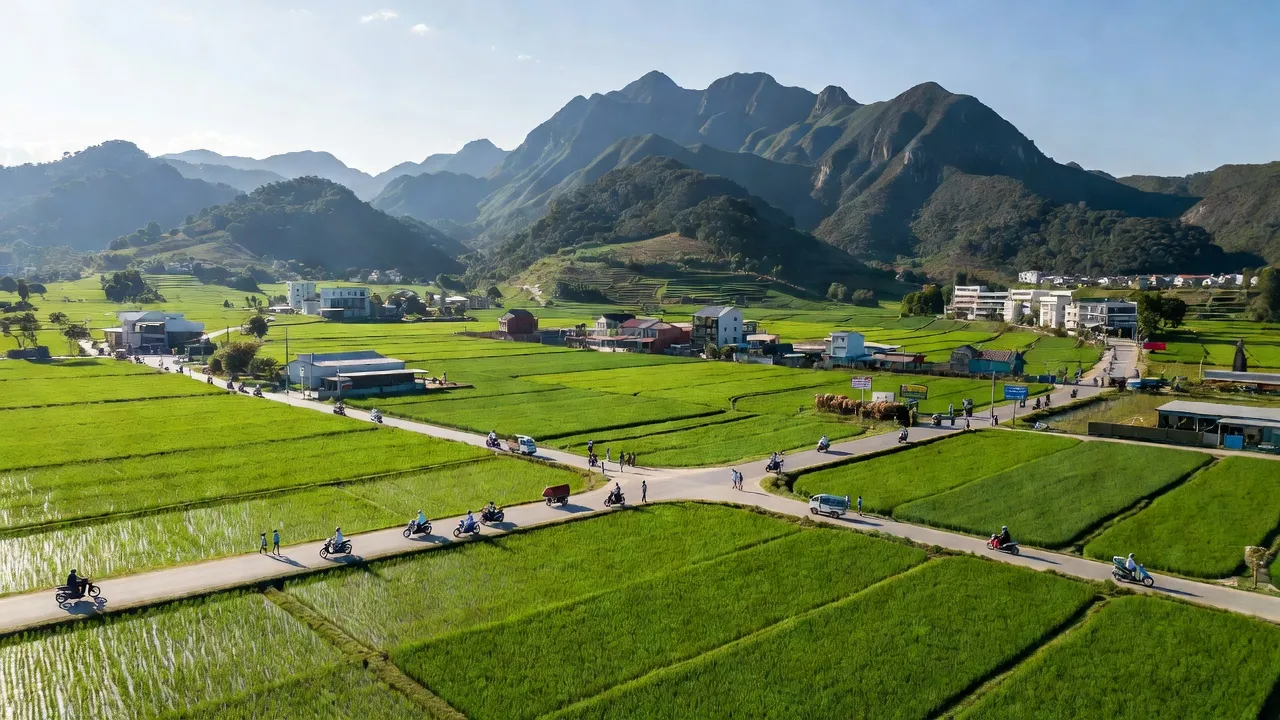 Cảnh quan Thị xã Chũ, Bắc Giang với núi non, cánh đồng, và đường giao thông phát triển.