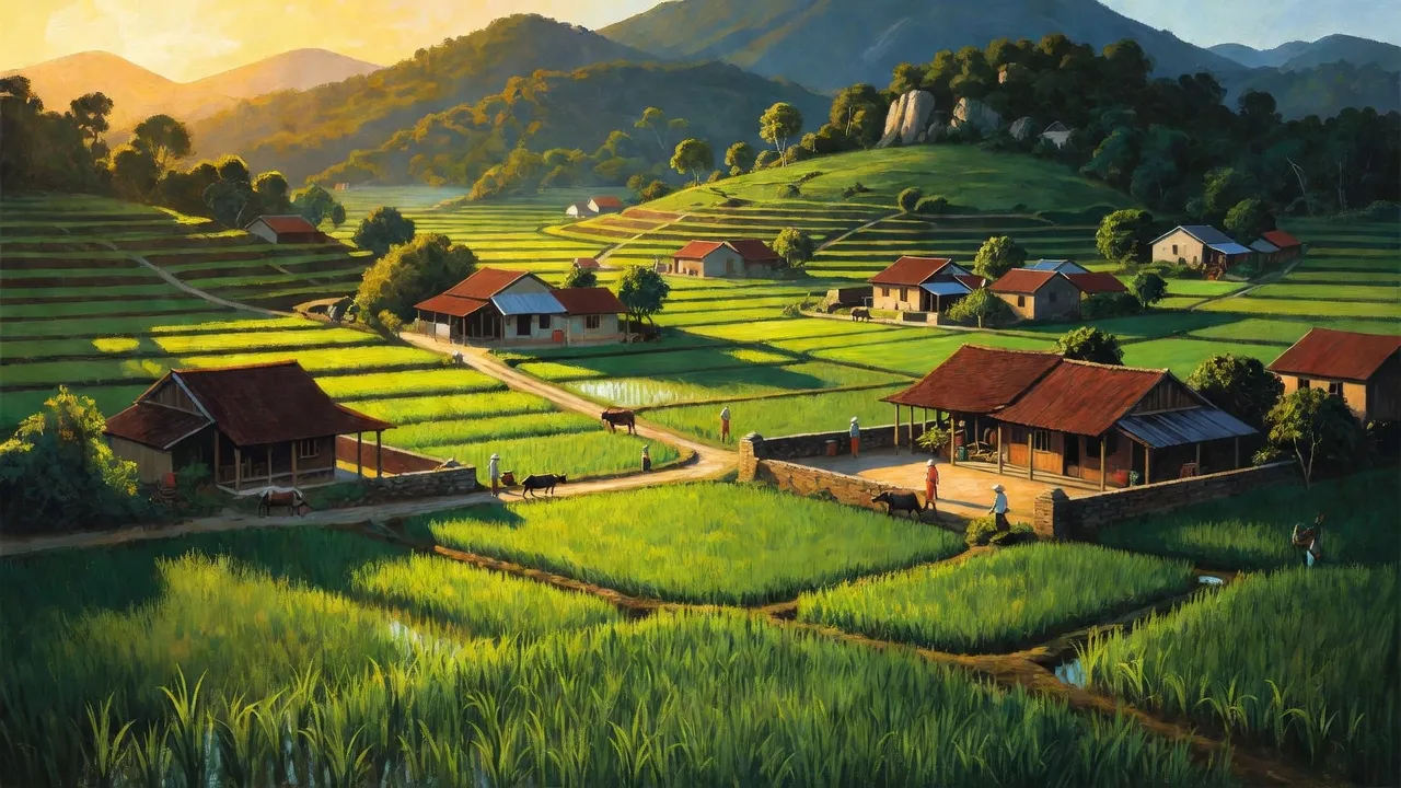 Cảnh quan nông thôn xã Kiên Lao, Thị xã Chũ, tỉnh Bắc Giang với cánh đồng và nhà truyền thống.