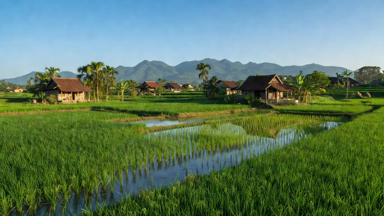 Khung cảnh yên bình tại Xã Kiên Lao, Bắc Giang với cánh đồng xanh mướt và nhà truyền thống.