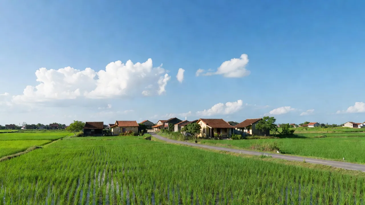 Khung cảnh đồng quê xã Kiên Thành, Thị xã Chũ, Bắc Giang với nhà ở và cánh đồng xanh