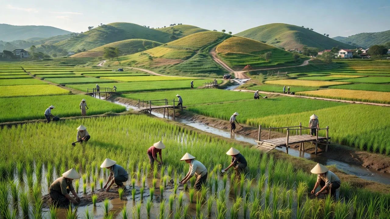 Cảnh đồng xanh và đồi ở huyện Hiệp Hòa, Bắc Giang, thể hiện nông nghiệp và thiên nhiên địa phương.