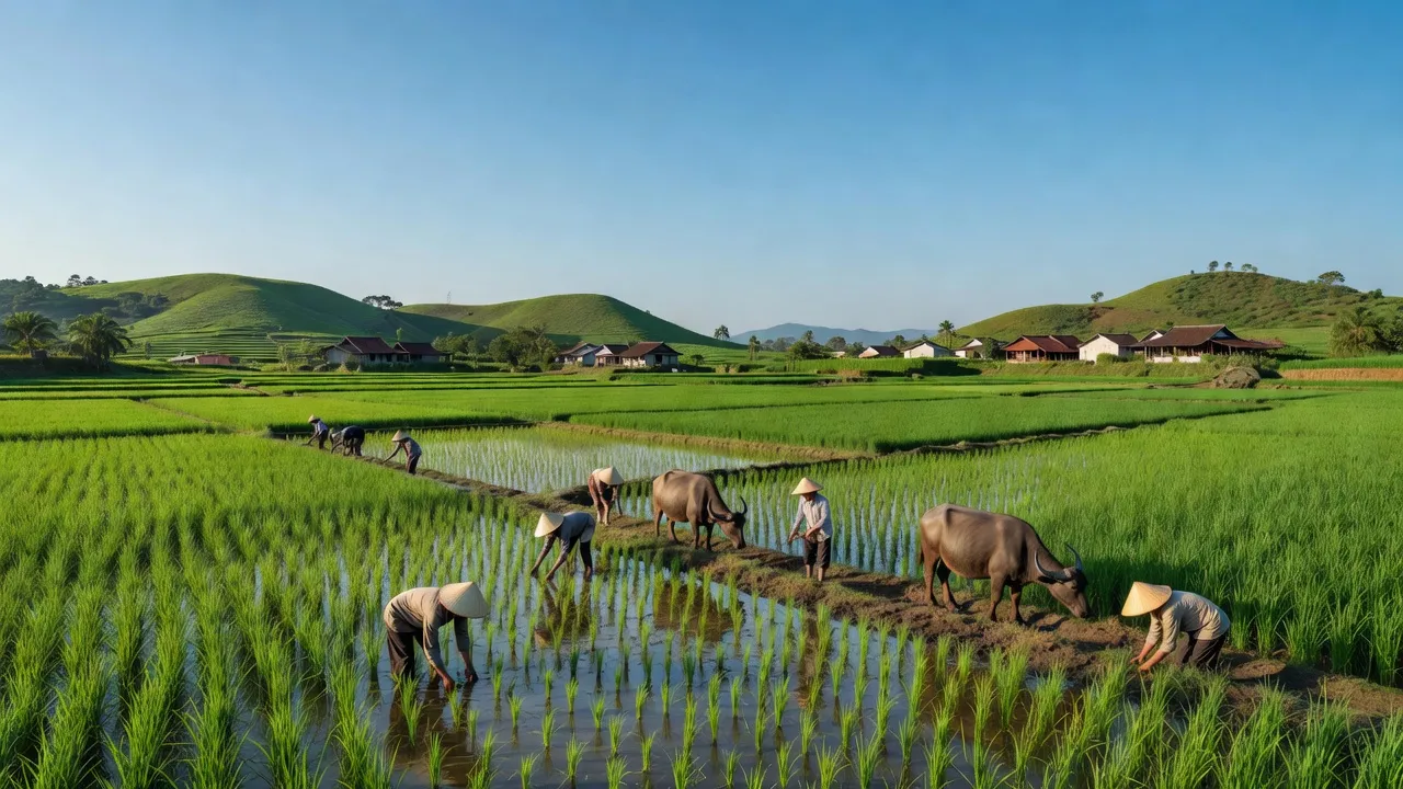Cảnh quan huyện Hiệp Hòa, Bắc Giang với đồng ruộng xanh tươi và đồi núi thấp.