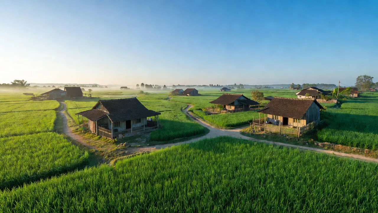 Cảnh quan nông thôn xã Châu Minh, tỉnh Bắc Giang, với cánh đồng xanh và nhà dân.