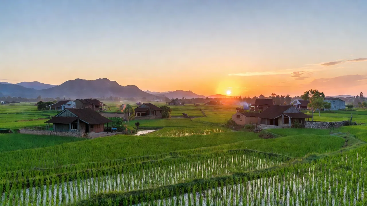Cảnh đẹp xã Đông Lỗ, huyện Hiệp Hòa, Bắc Giang với cánh đồng lúa xanh tươi và nhà truyền thống.