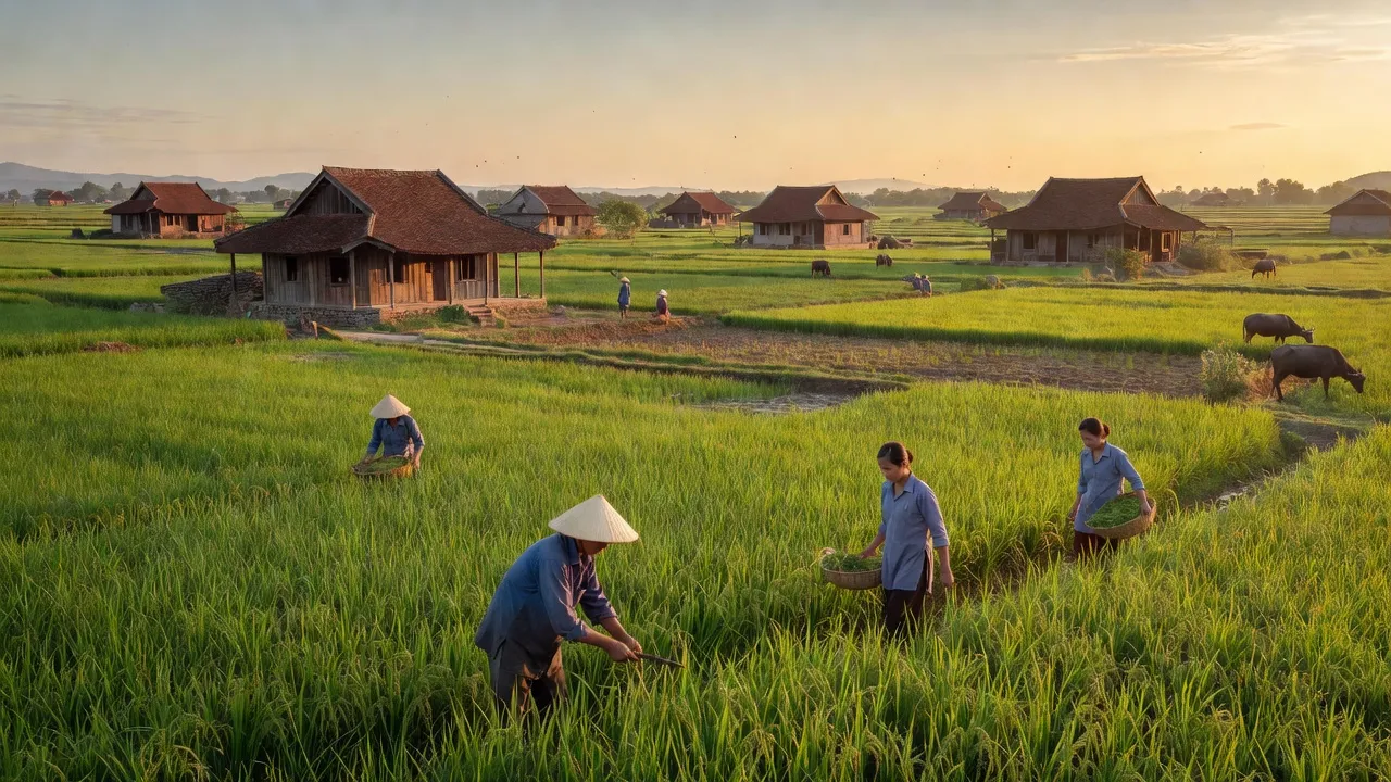 Khung cảnh nông thôn tại Xã Đông Lỗ, Bắc Giang với cánh đồng xanh và nhà cửa truyền thống.