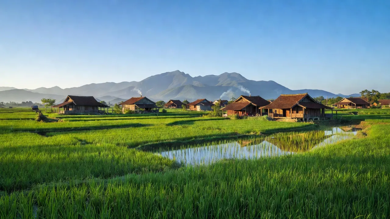 Bức tranh làng Hoàng Vân huyện Hiệp Hòa, Bắc Giang với ruộng xanh và nhà cổ truyền thống.