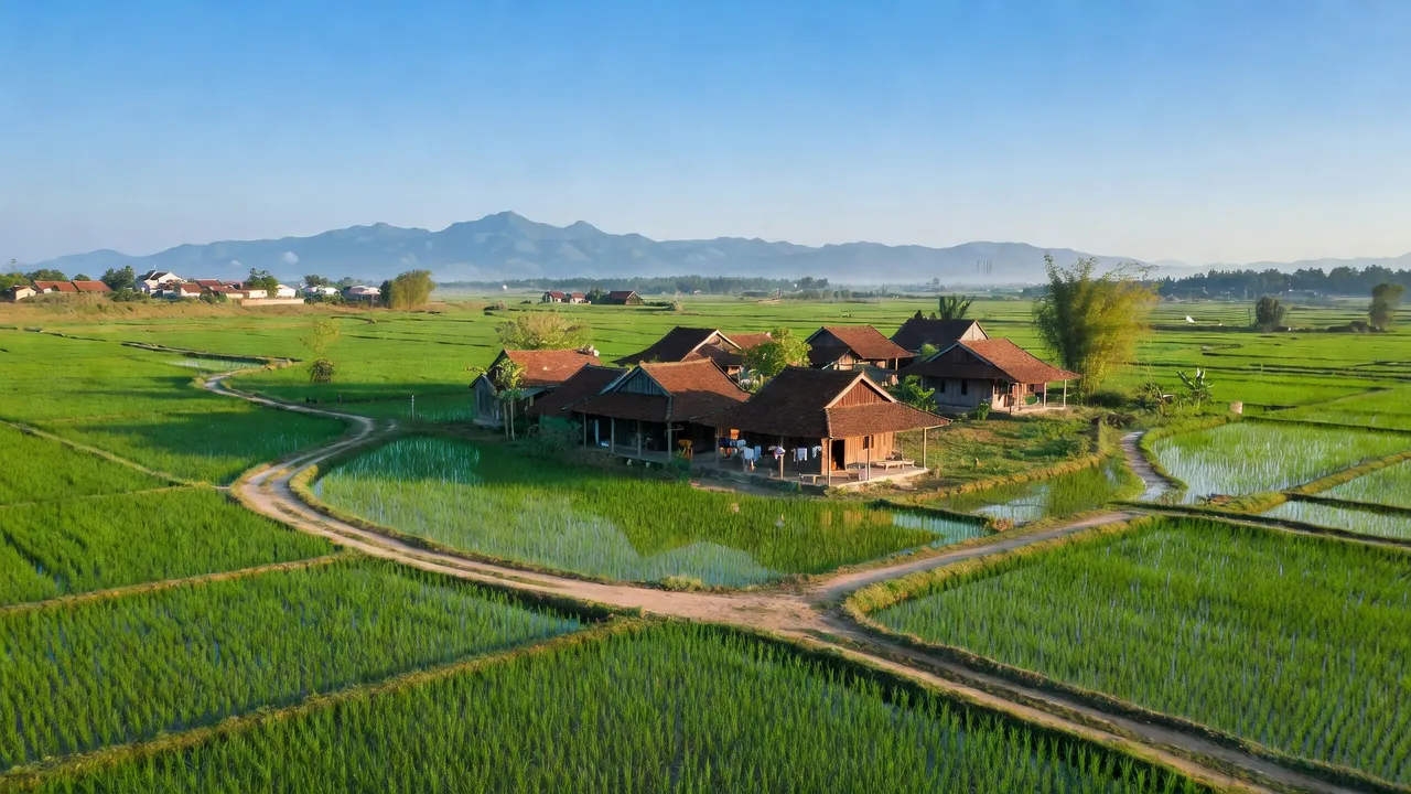 Cảnh quan bình yên Xã Toàn Thắng, huyện Hiệp Hòa, tỉnh Bắc Giang với đồng ruộng xanh tươi.