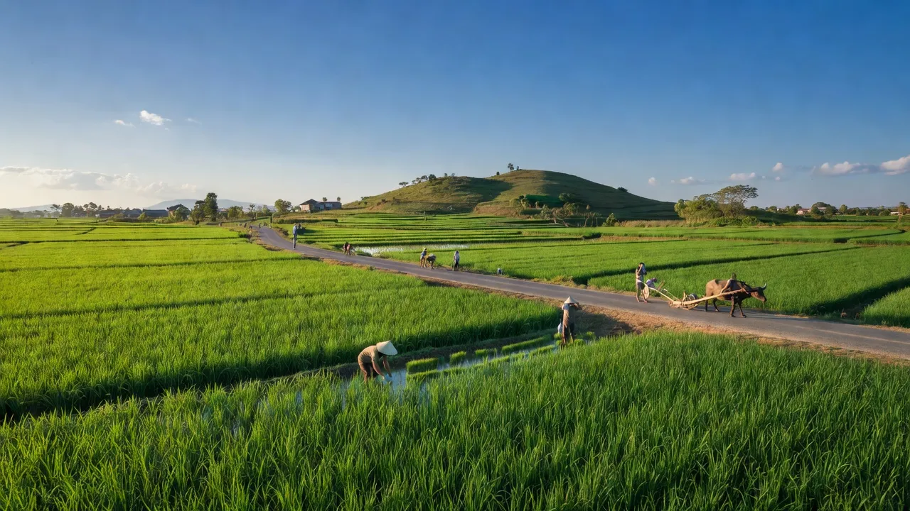Huyện Lạng Giang, Bắc Giang với cánh đồng xanh và con đường giao thông nhộn nhịp.