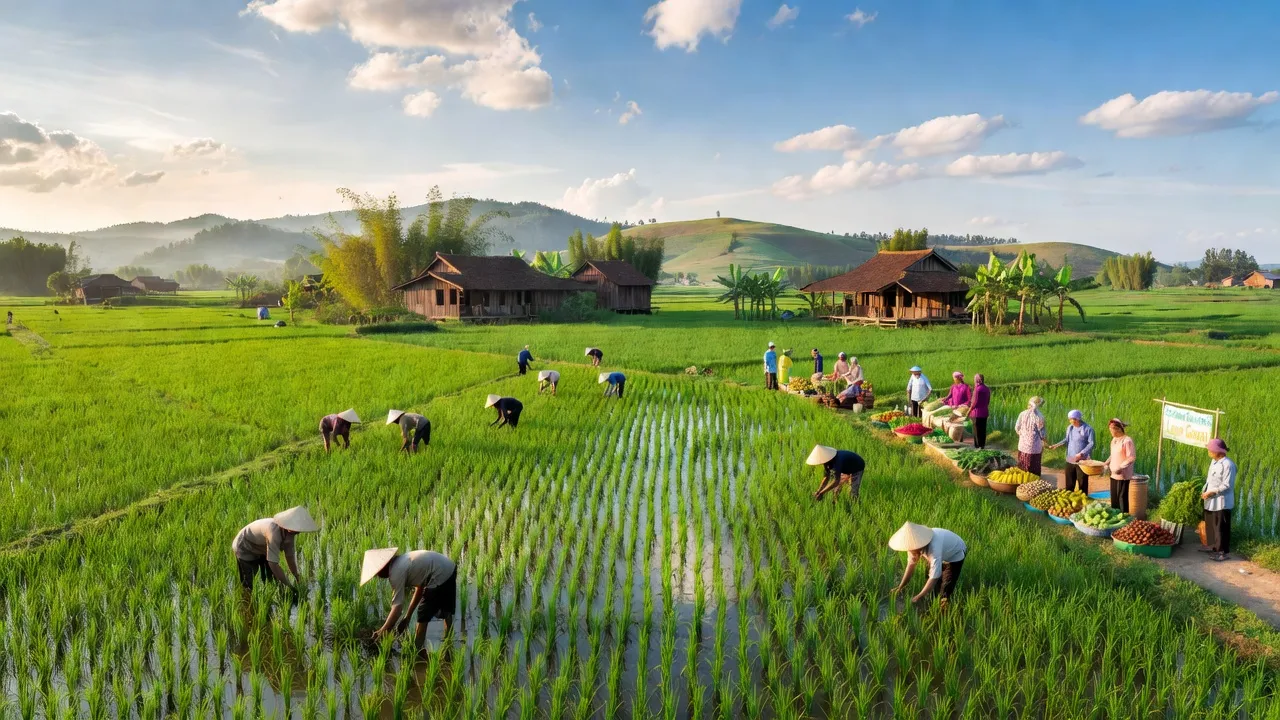 Khung cảnh huyện Lạng Giang, Bắc Giang với đồng xanh, nhà truyền thống và bầu trời trong xanh.
