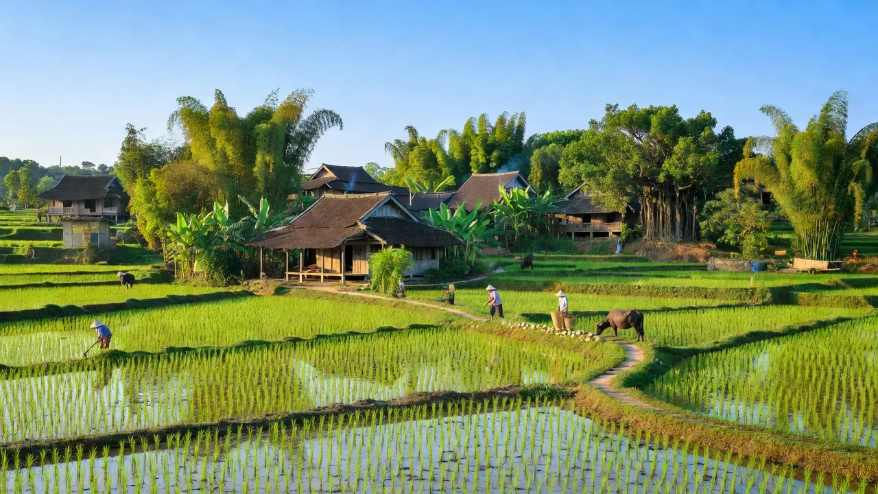 Khung cảnh thanh bình xã Hương Lạc, Bắc Giang, với cánh đồng lúa và nhà truyền thống.