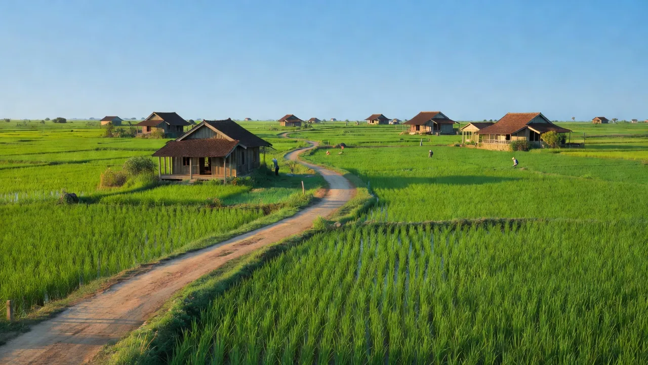 Quang Thinh village in Lang Giang, Bac Giang with green rice fields and traditional houses.