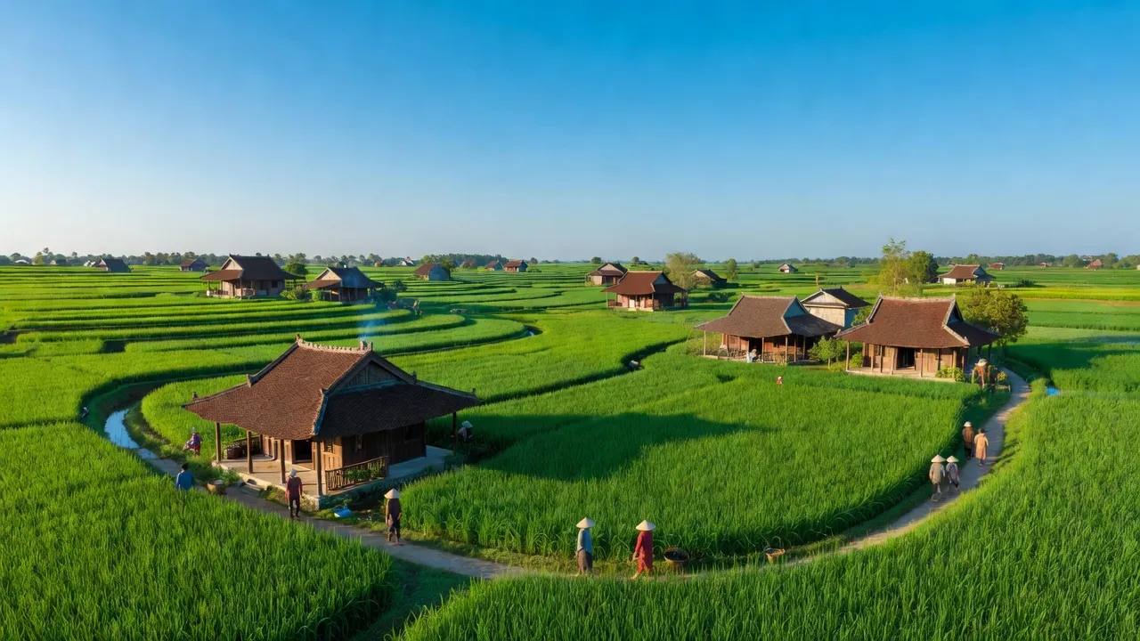 Cảnh đẹp Xã Tân Thanh, Huyện Lạng Giang, Bắc Giang với cánh đồng lúa xanh và nhà truyền thống.