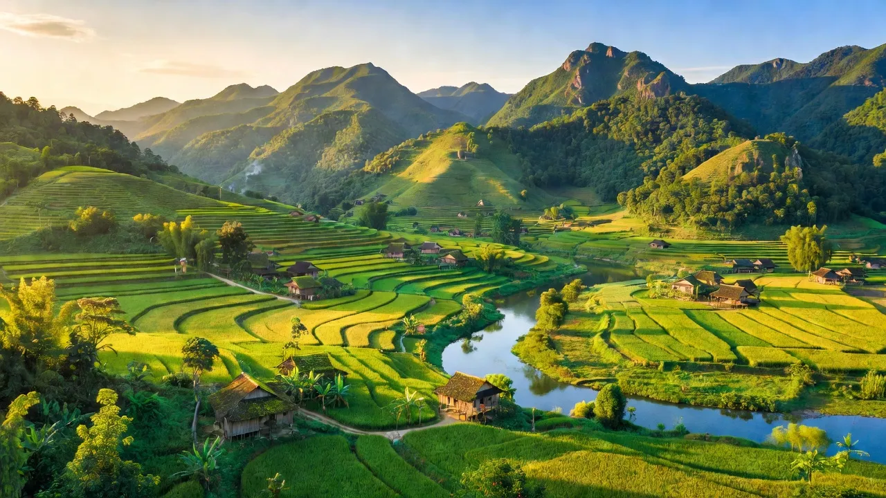Cảnh quan Huyện Lục Nam, Bắc Giang với đồi núi và thung lũng xanh tươi, đầy sức sống.