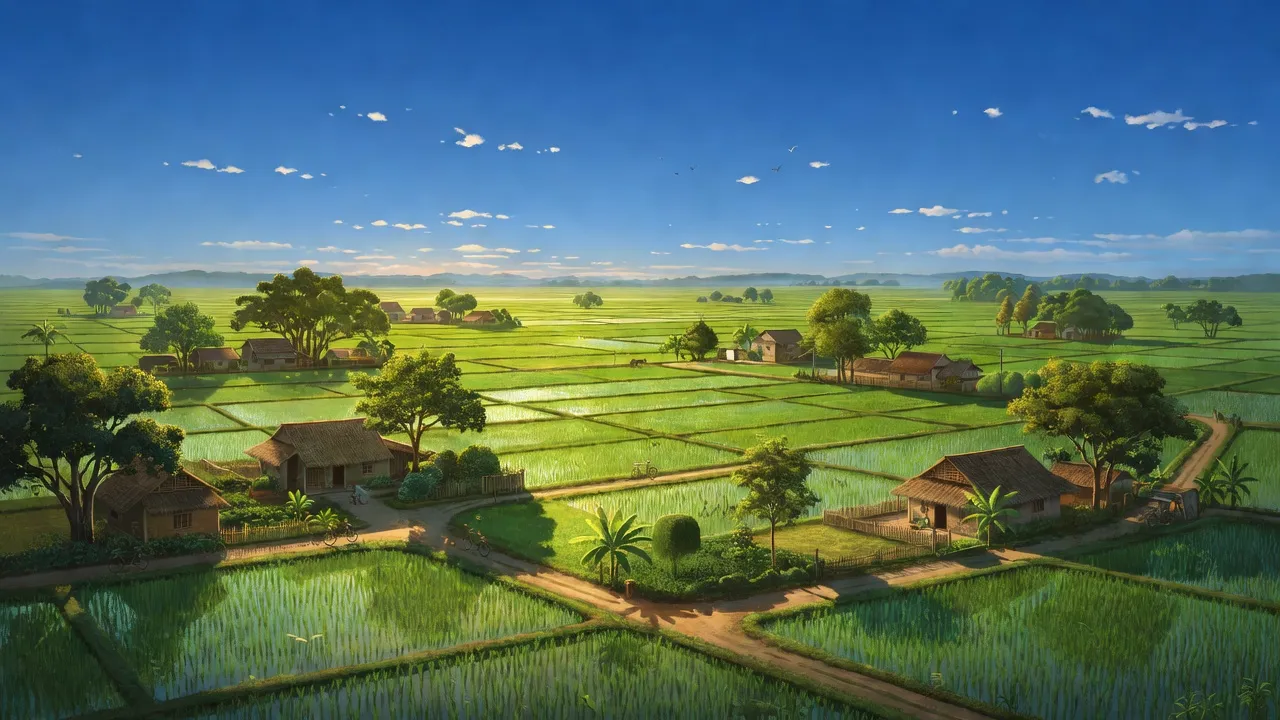 Cảnh quan xã Bảo Đài, huyện Lục Nam, Bắc Giang với cánh đồng xanh và thôn xóm yên bình.