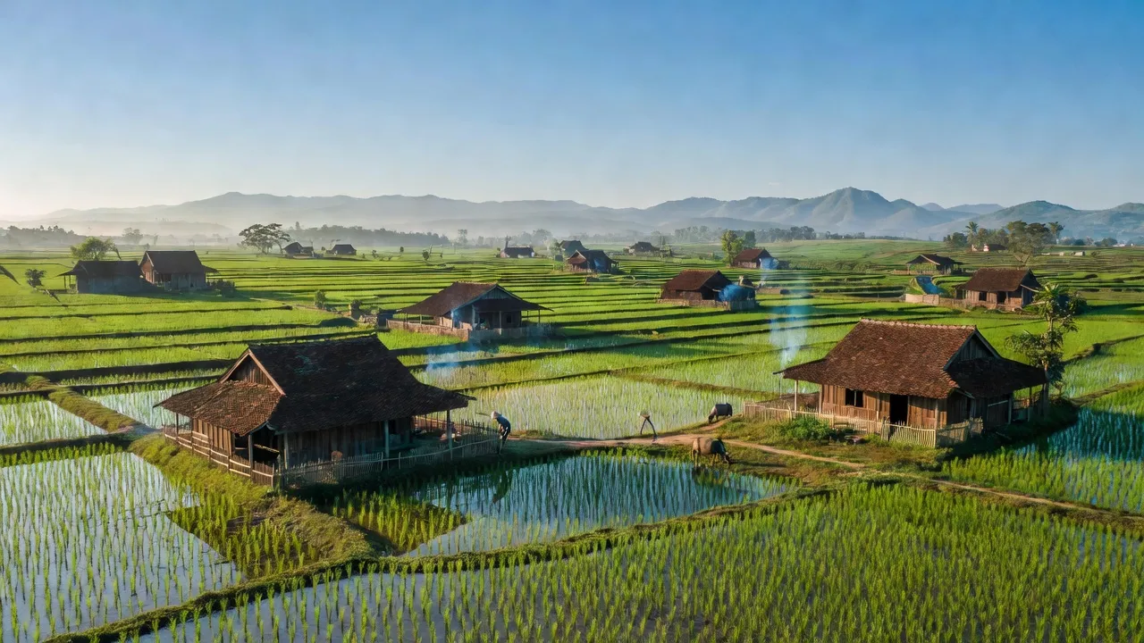Khung cảnh Xã Bảo Đài, huyện Lục Nam, tỉnh Bắc Giang với cánh đồng xanh và nhà truyền thống.