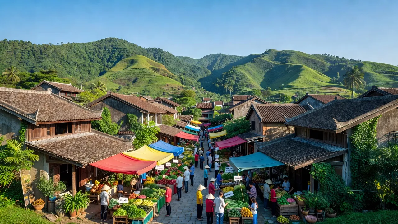 Khung cảnh thị trấn Đồi Ngô, Lục Nam, Bắc Giang với đồi xanh và nhà truyền thống.