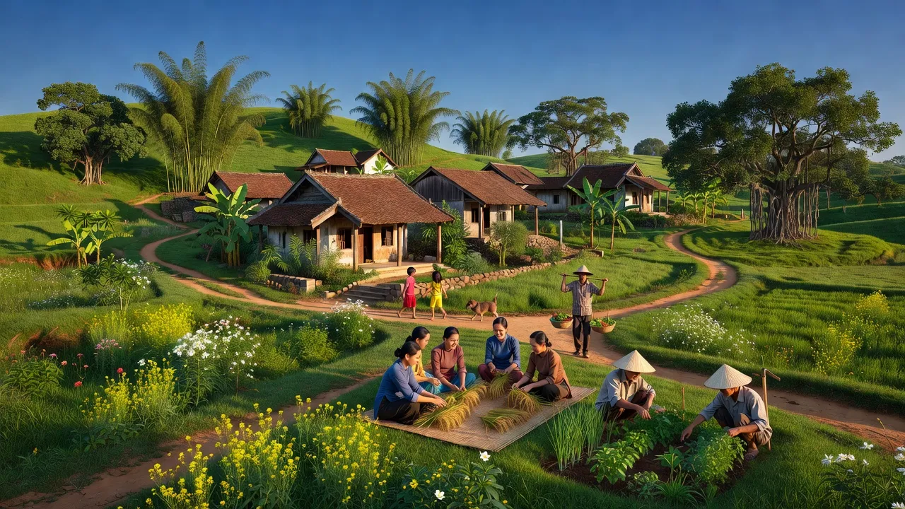 Cảnh đẹp xã Nghĩa Phương, huyện Lục Nam, tỉnh Bắc Giang với nhà truyền thống và cánh đồng xanh.