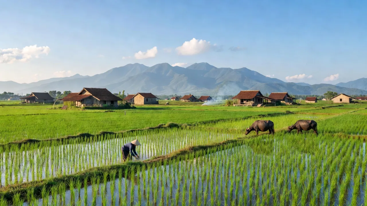 Khung cảnh yên bình ở Xã Trường Sơn, huyện Lục Nam, tỉnh Bắc Giang với ruộng xanh và nhà truyền thống.