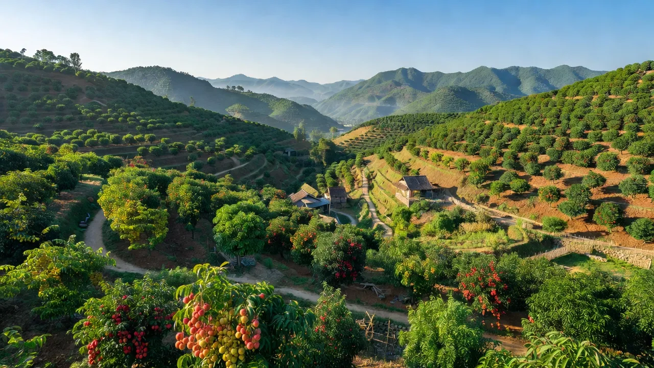 Cảnh đẹp huyện Lục Ngạn, Bắc Giang với đồi xanh và vườn cây ăn quả tươi tốt.