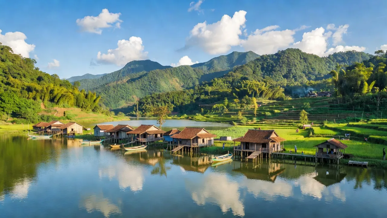 Cảnh quan Xã Cấm Sơn, huyện Lục Ngạn, tỉnh Bắc Giang với hồ Cấm Sơn và núi xanh.