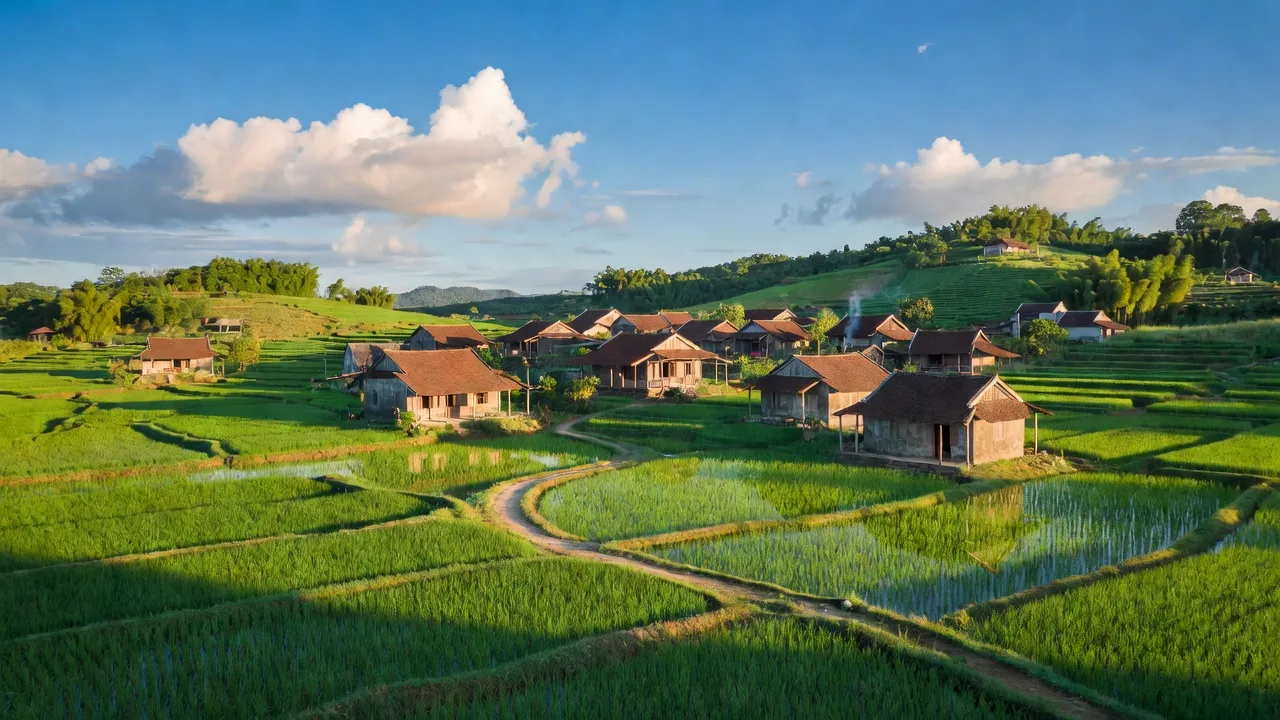 Khung cảnh yên bình tại xã Đồng Cốc, Lục Ngạn, Bắc Giang với cánh đồng xanh và nhà truyền thống.