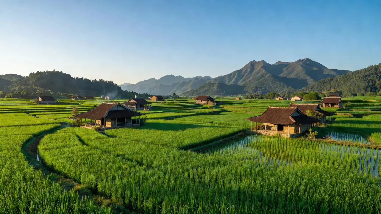 Cảnh đẹp xã Phú Nhuận, huyện Lục Ngạn, tỉnh Bắc Giang với ruộng bậc thang và núi xanh.