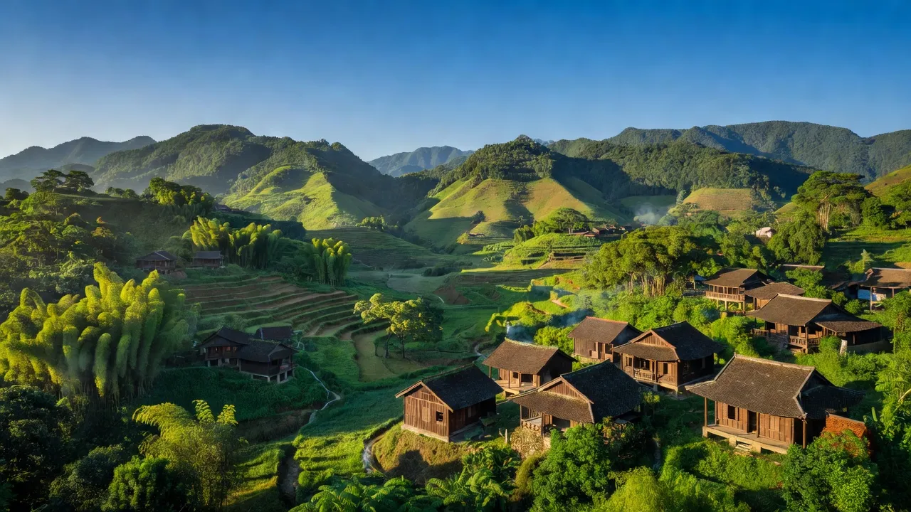 Khung cảnh đẹp ở huyện Sơn Động, Bắc Giang với núi non xanh tươi và nhà sàn truyền thống.