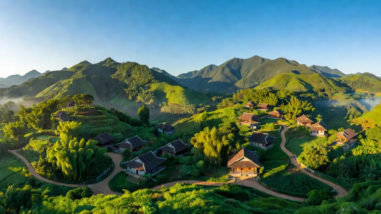 Sơn Động, Bắc Giang with green mountains and traditional Vietnamese houses, perfect for ecological tourism.