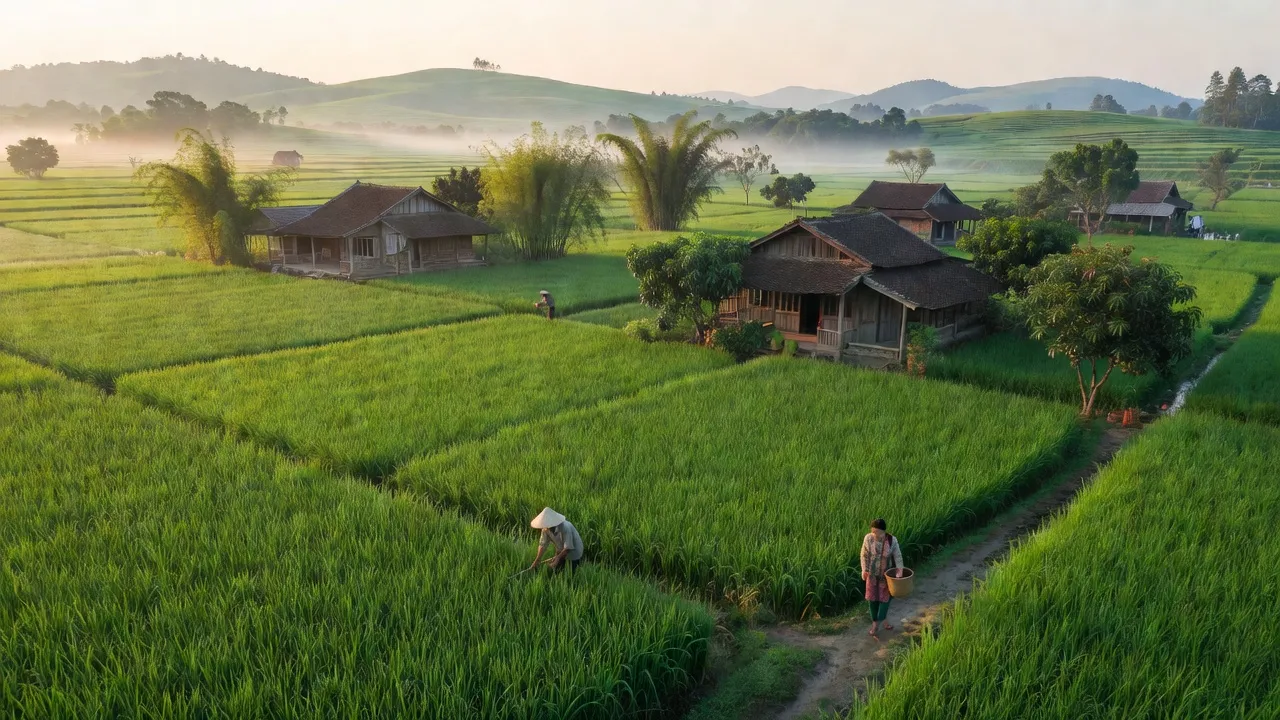 Phong cảnh xanh tươi ở xã Dương Hưu, huyện Sơn Động, Bắc Giang với đồng ruộng và đồi núi.