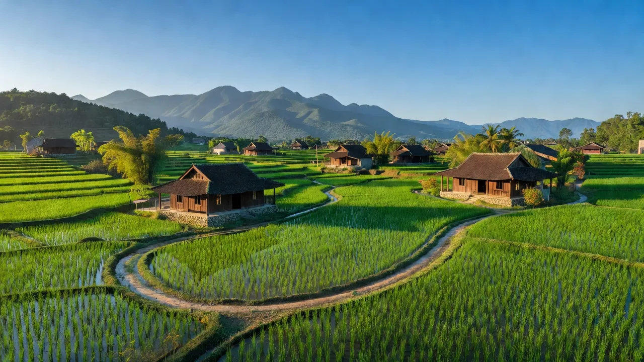 Cảnh sắc làng Giáo Liêm, huyện Sơn Động, tỉnh Bắc Giang với đồng xanh và núi xa.