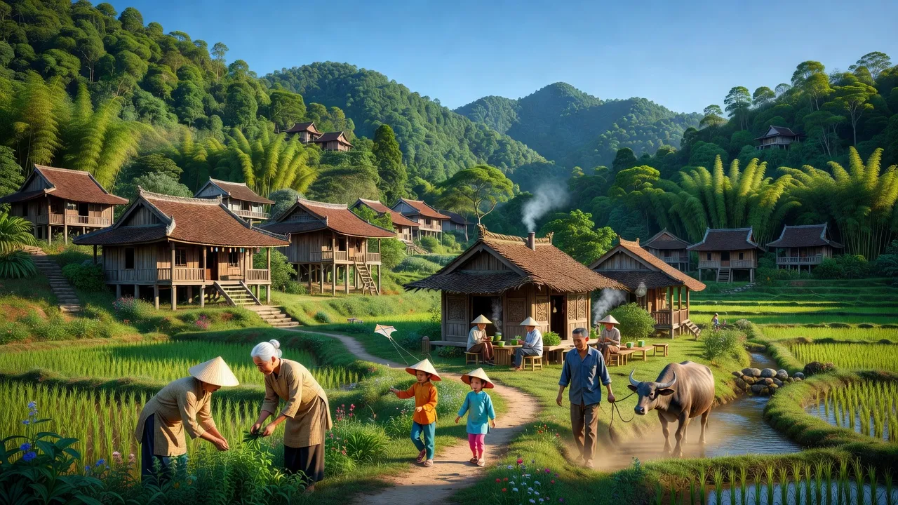 Thị trấn Tây Yên Tử, huyện Sơn Động, Bắc Giang với cảnh quan núi non tươi đẹp và kiến trúc truyền thống.