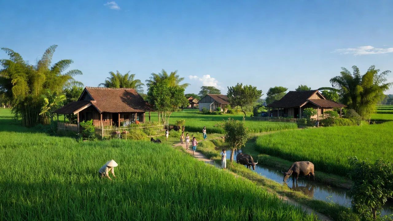 Cảnh đẹp xã Vĩnh An, huyện Sơn Động, Bắc Giang với cánh đồng xanh và bầu trời trong.