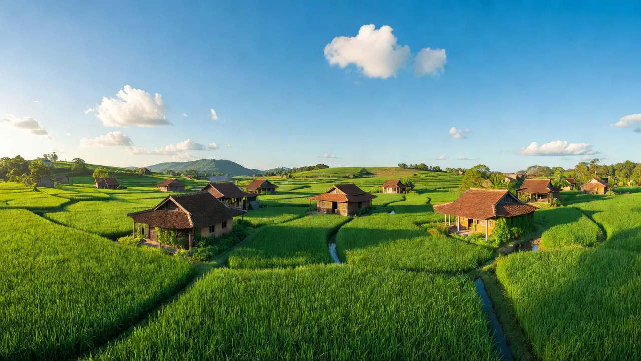 Hình ảnh xã Vĩnh An, huyện Sơn Động, Bắc Giang với cánh đồng xanh và nhà truyền thống.