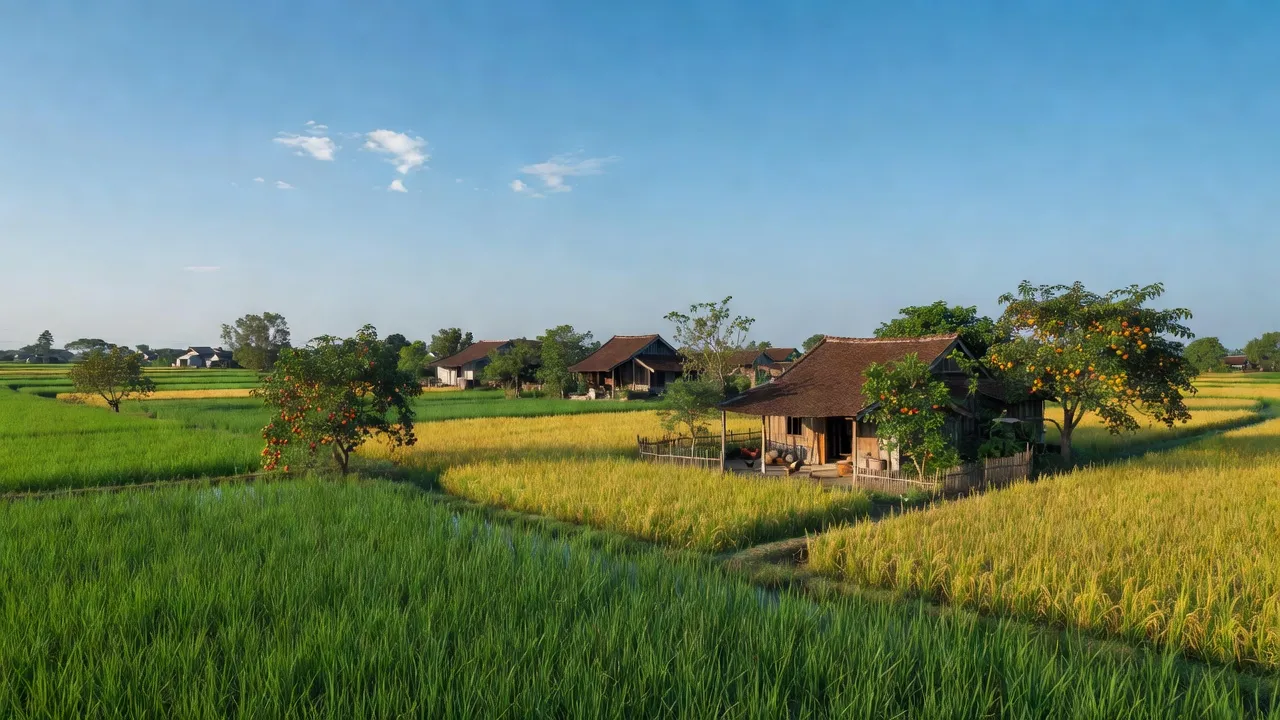 Khung cảnh huyện Tân Yên, Bắc Giang với đồng ruộng xanh mướt và làng quê truyền thống.