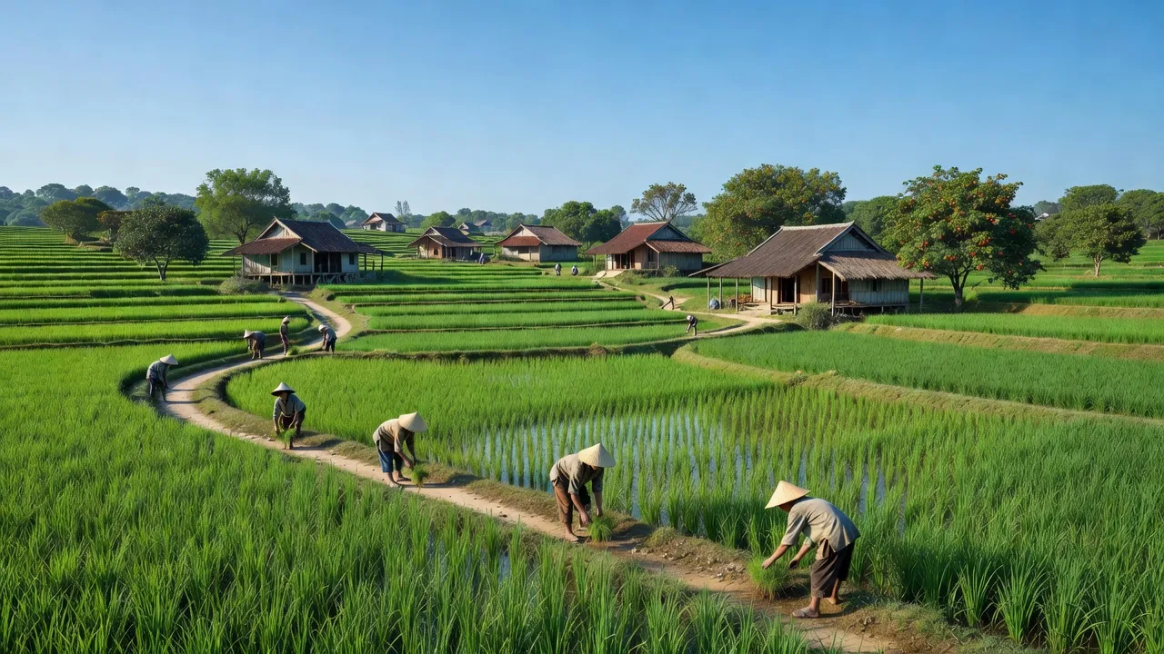 Quang cảnh huyện Tân Yên, tỉnh Bắc Giang với cánh đồng lúa xanh và làng quê truyền thống.