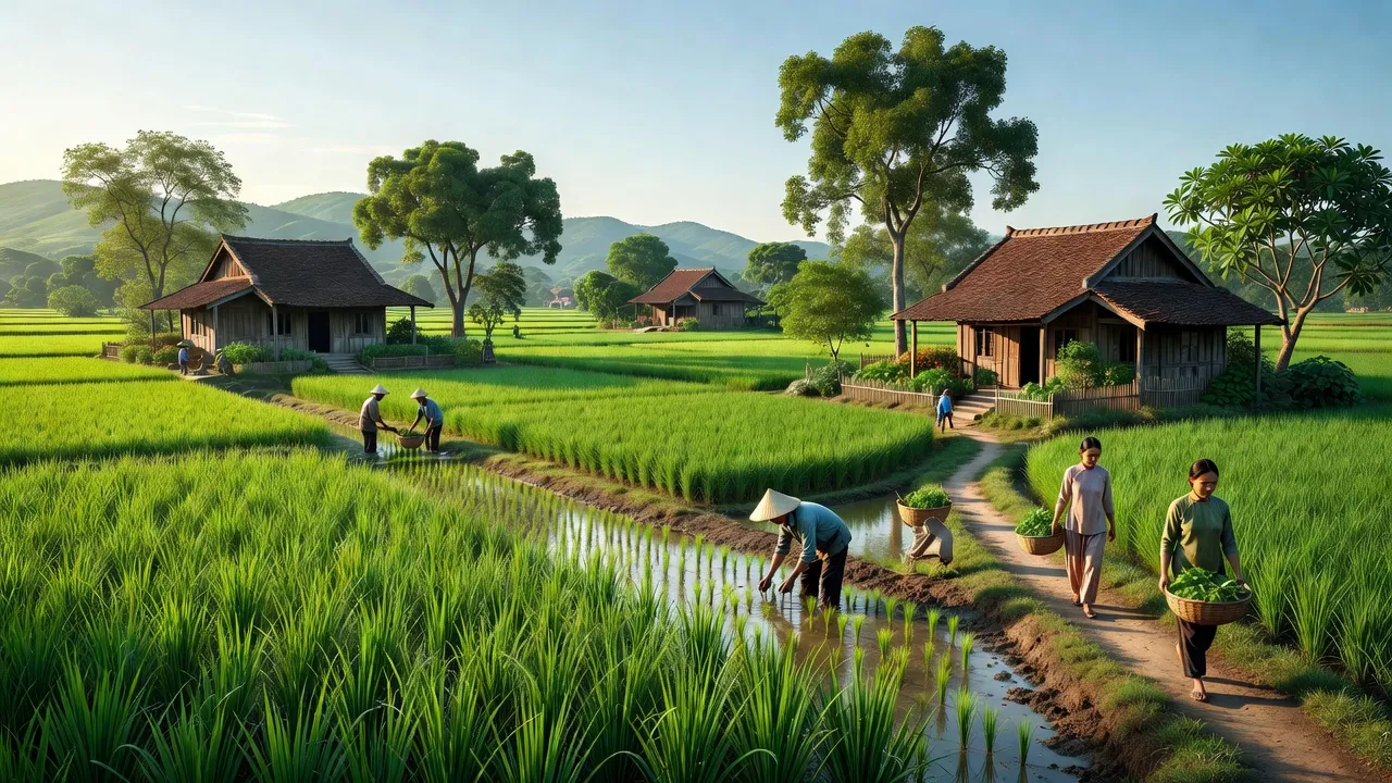 Cảnh nông thôn Xã An Dương, Huyện Tân Yên, Bắc Giang với cánh đồng xanh và nhà truyền thống.