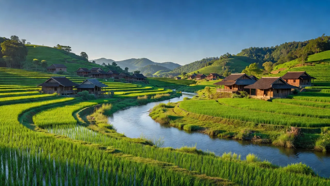 Khung cảnh xã Ngọc Lý, huyện Tân Yên, Bắc Giang với cánh đồng xanh tươi và nhà truyền thống.