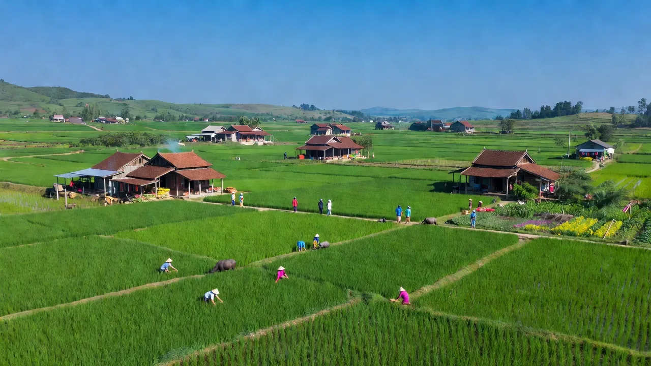 Khung cảnh đẹp ở Thị Xã Việt Yên, Bắc Giang với cánh đồng xanh và nhà cổ truyền thống.