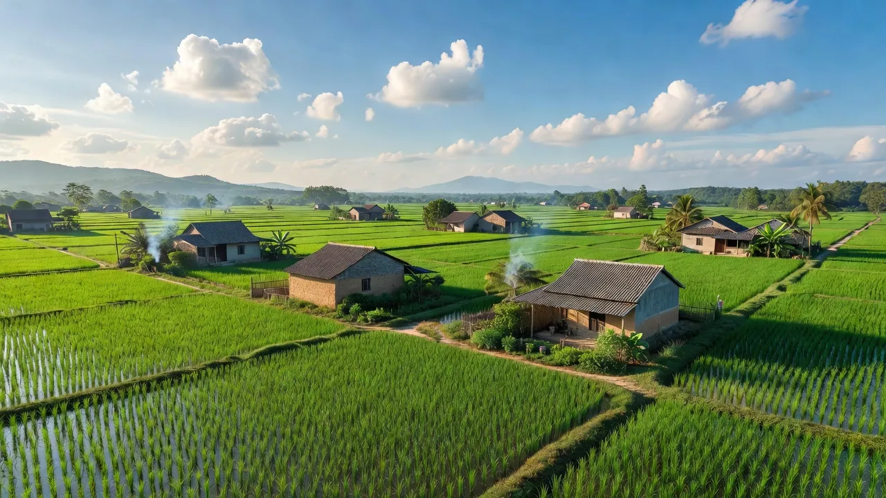 Phường Hồng Thái, Bắc Giang với cánh đồng xanh tươi và nhà cửa dưới bầu trời trong sáng.