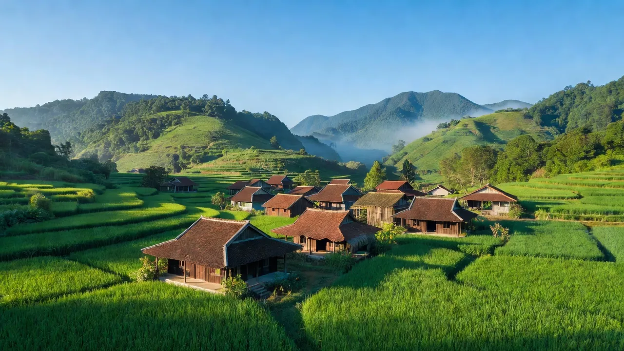 Cảnh đẹp huyện Yên Thế, Bắc Giang với núi non, nhà truyền thống và đồng xanh mướt.