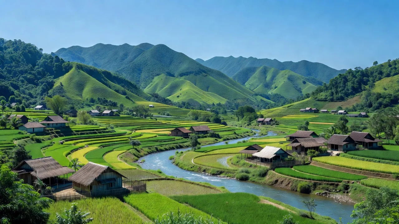 Huyện Yên Thế, tỉnh Bắc Giang, với cảnh quan núi non xanh tươi và nhà nông truyền thống.