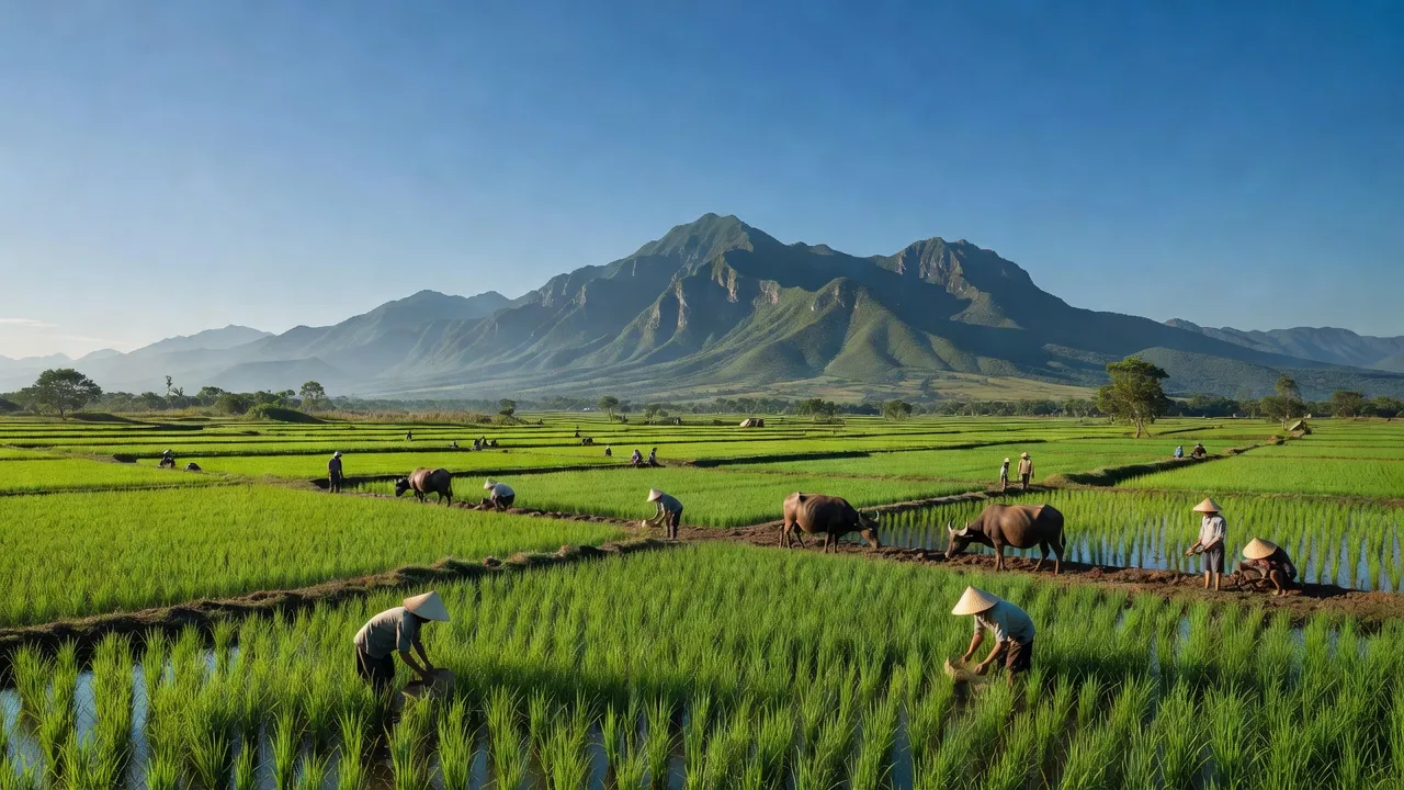 Khung cảnh bình yên ở Xã Đồng Lạc, Huyện Yên Thế, Bắc Giang với cánh đồng và núi.