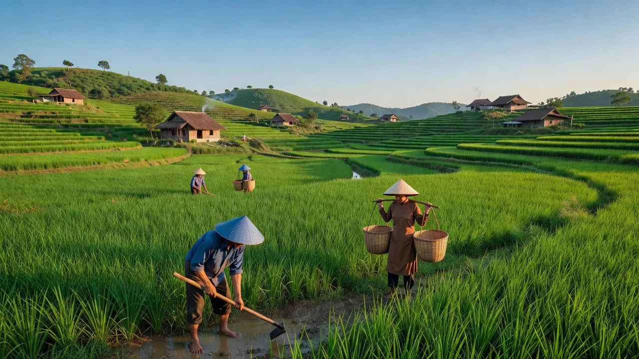 Cảnh nông thôn xã Đông Sơn, Yên Thế, Bắc Giang với cánh đồng xanh màu mỡ và đồi núi.