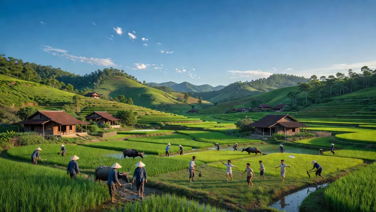 Cảnh quan núi non xã Đồng Vương, huyện Yên Thế, Bắc Giang với cảnh sắc nông thôn yên bình.