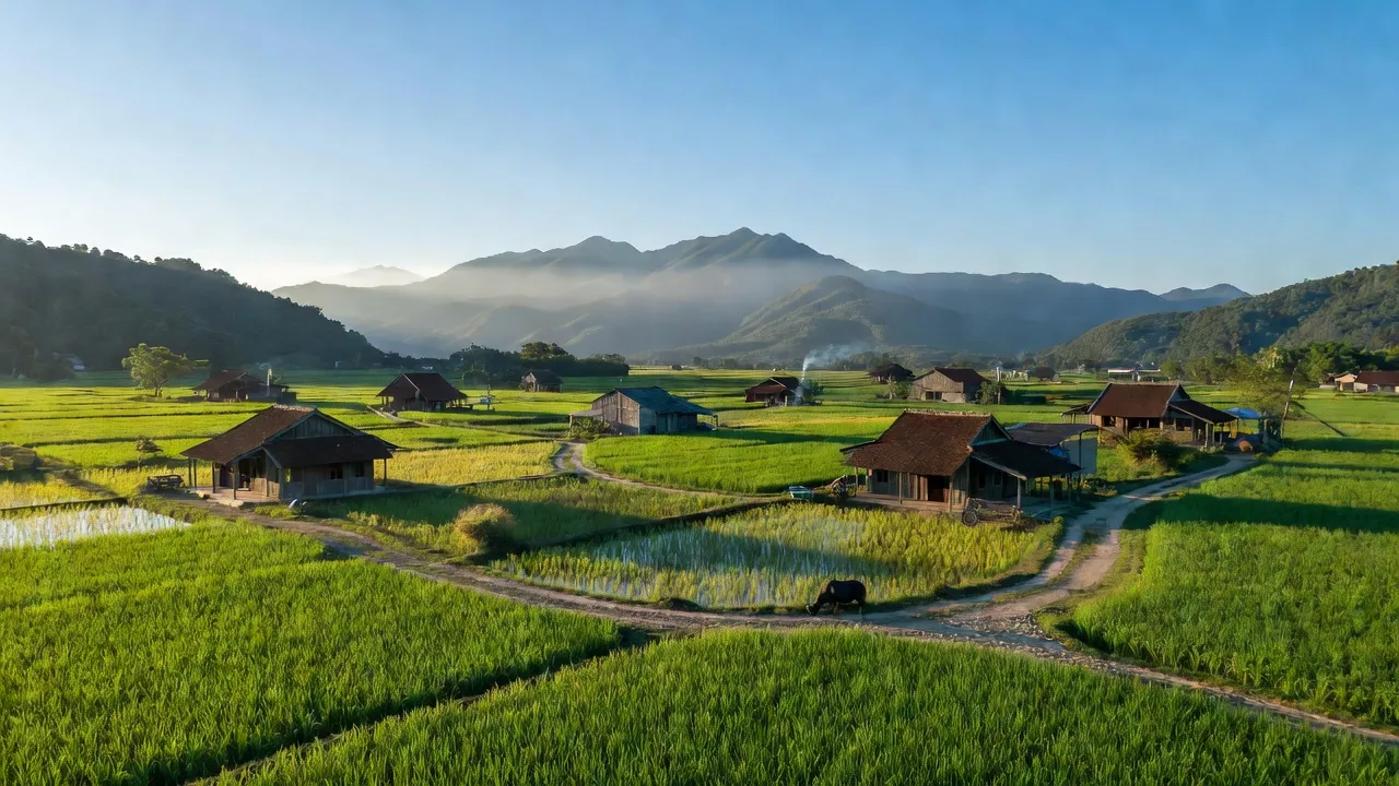 Quang cảnh xả Tam Tiến, Yên Thế, Bắc Giang với ruộng lúa và nhà truyền thống dưới bầu trời trong xanh.