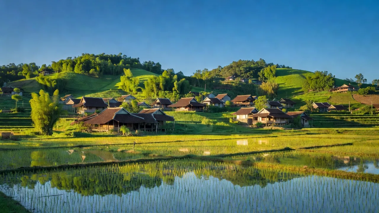 Cảnh đẹp xã Tân Hiệp, huyện Yên Thế, tỉnh Bắc Giang với đồi núi, ruộng bậc thang và nhà truyền thống.
